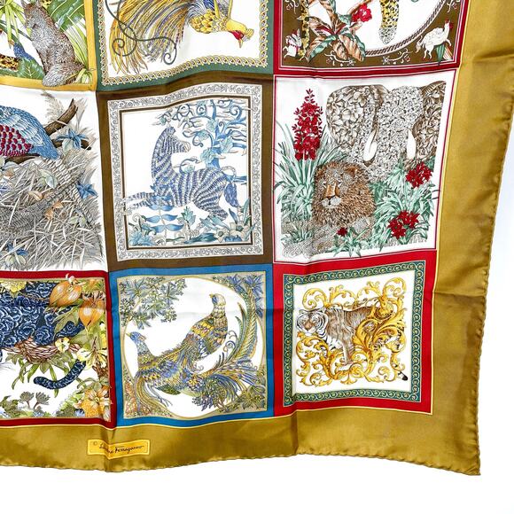 Salvatore Ferragamo Scarf Silk Yellow Animal Motif Print Sz 35 x‎ 35 Women's - Picture 5 of 7